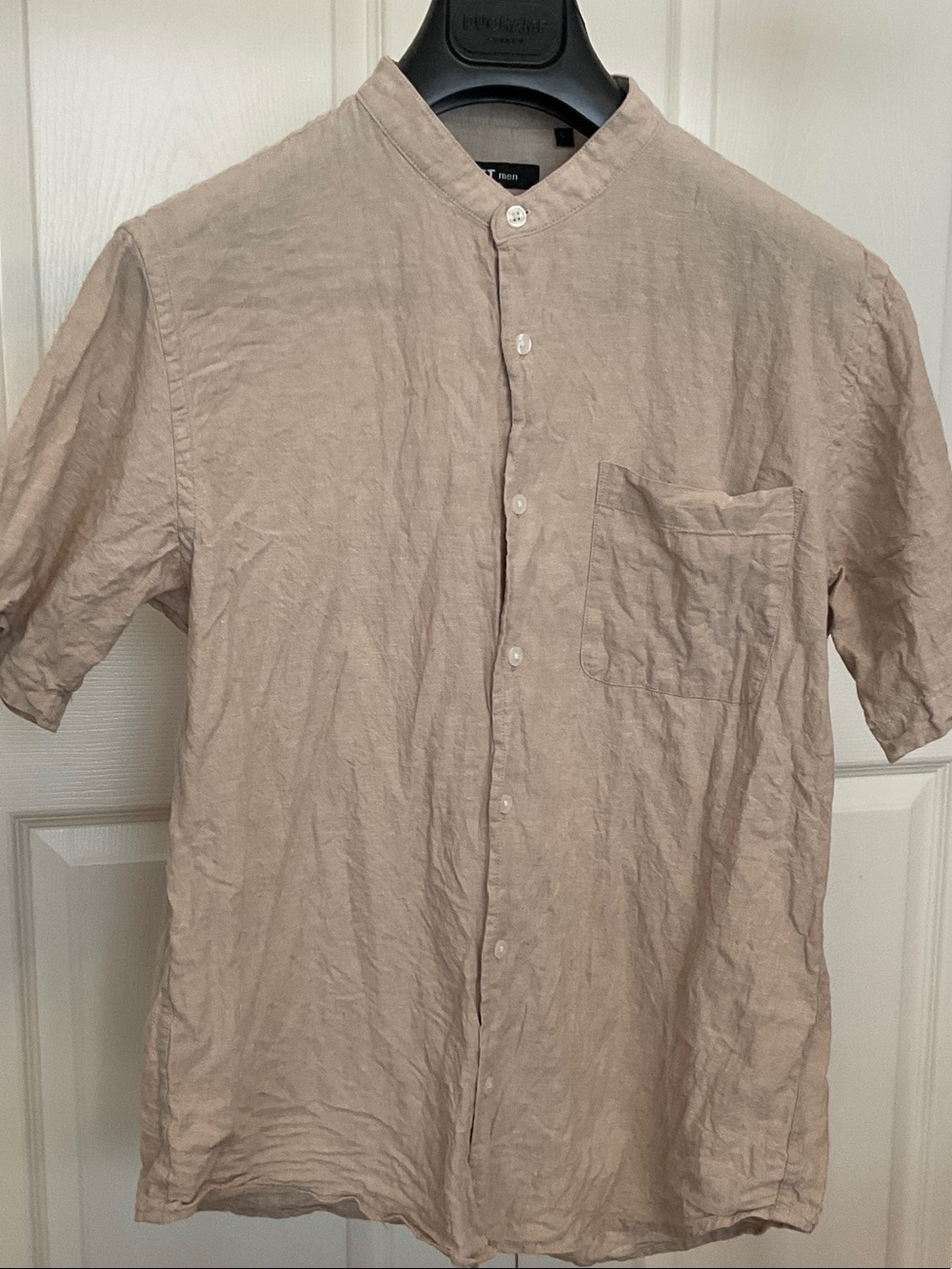 Men's 100% linen Short-Sleeve Mandarin Collar Shirt in Light Beige